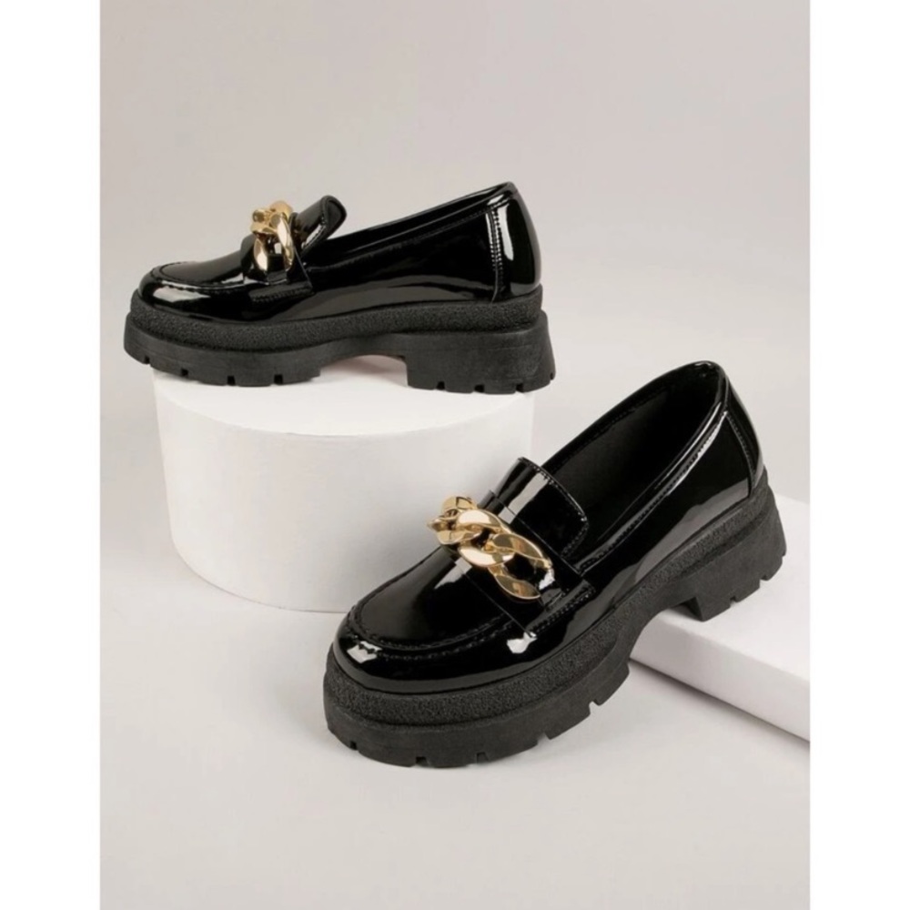 Shein - black with gold detail, platform slip-on loafers shoes